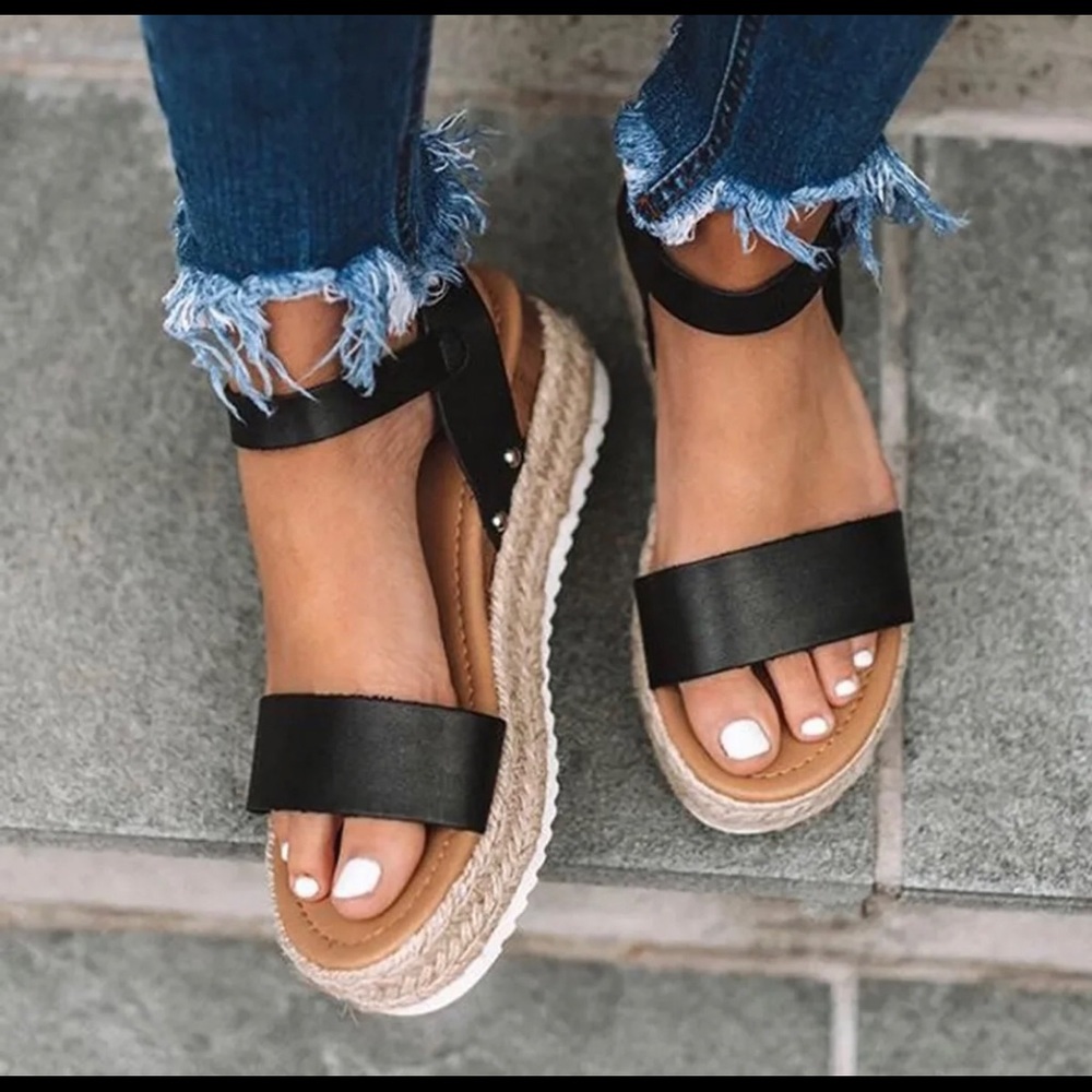 Black buckle strap espadrille sandal - Picture 4 of 7